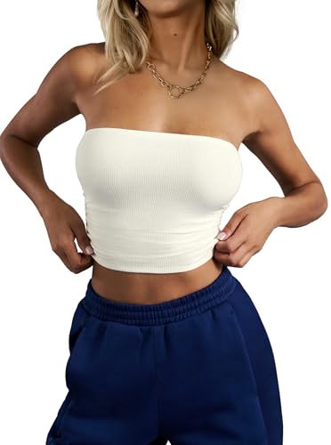 CSDAJIO Women's Casual Ruched Side Strapless Crop Tube Top Ribbed Knit Bandeau Top Summer Skinny Shirt4