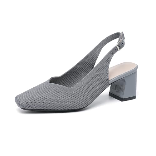 LVOMU Women's Knit Slingback Heels Pumps with Adjust Ankle Strap Fashion Breathable Closed Square Toe Chunky Heel Mules Sandals Work Office Wedding Dressy Shoes (Gray,9)