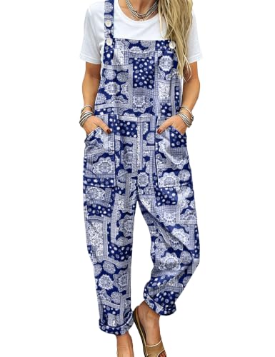 Image of YESNO Women's Overalls Cotton Boho Casual Floral Bib Jumpsuit Baggy Adjustable Strap Romper with Pockets PVV