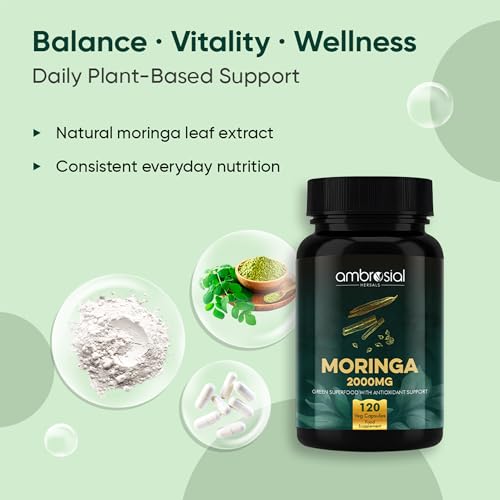 Image of Ambrosial Moringa Capsules 2000mg | Moringa Leaf Extract | Plant-Based Herbal Supplement | Natural Wellness Support | 120 Vegan Capsules
