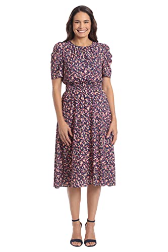 London Times Womens Dresses Pleated Jewel Neck Ruched Sleeve Inset Waist Midi, Navy/Orange, 12 US