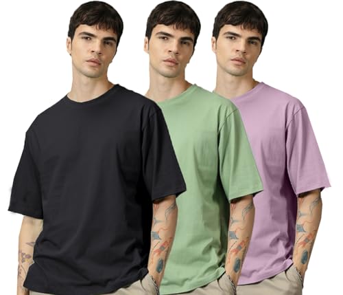 Image of RodZen Oversized Baggy Fit Half Sleeves Round Neck Solid Cotton Blend Combo T-Shirt for Men (Pack of 3)