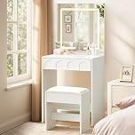 LEMROE Dressing Table with Rectangular LED Mirror and Stool, Compact Small Vanity Table Set with Vacuum-Formed Drawer for Small Spaces, White Makeup Desk for Bedroom, Modern (White - Square Mirror)