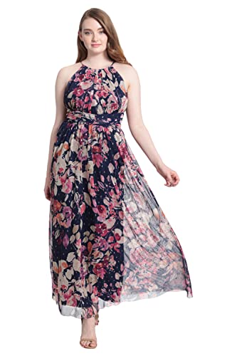 Image of London Times Women's London Times Mesh Halter Maxi Dress with Ruched Waistband Flowy Bohemian Beach Dresses