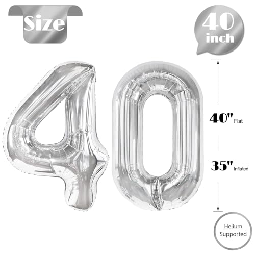 Image of Silver Number 40 Balloon 40 inch, 40 Number Balloons, 40th Silver Birthday Decorations, 40 Year Old Women Men Silver Party Supplies