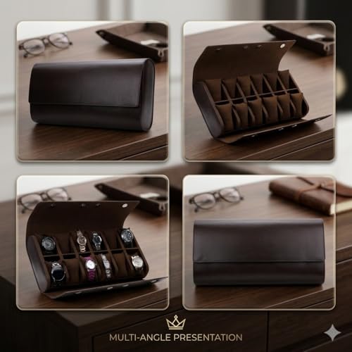 Image of essart 12-Slot Watch Roll Case - Luxury PU Leather Travel Watch Organizer for Men & Women | Portable Watch Storage Case | Scratch-Resistant & Protective
