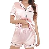Lanyoshe Silk Pajamas for Women Satin Womens Pajama Sets Short Sleeve Lounge Set 2-Piece Sleepwear Notch Collar Button-Down PJ Set (Pink, M)