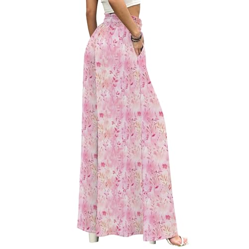 ZOCAVIA Women's Boho Wide Leg Pants 2025 Summer Smocked Waist Floral Palazzo Pants Flowy Lounge Pants Beach Trousers Pockets3
