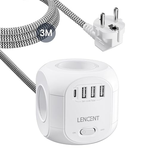 Multiprise cube 4 prises AC et 4 USB LENCENT avec câble tressé 3M pour bureau