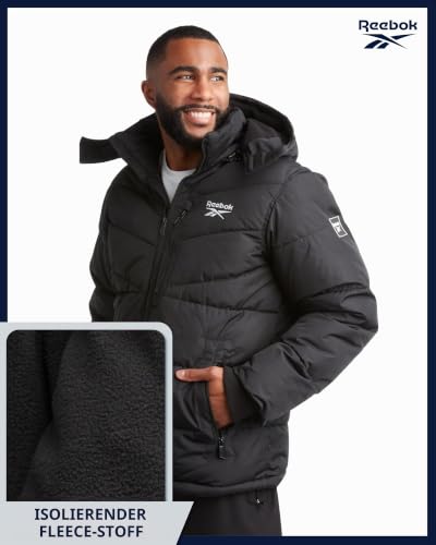 Reebok Herren-Winterjacke, dicker, schwerer Ski-Wintermantel, warm, isoliert, gesteppt, mit Kapuze, Schwarz, M – Ansicht 5