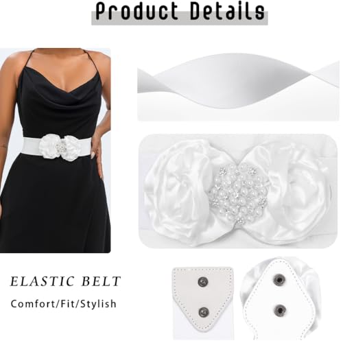 Wide Stretchy Belt White Women Pearl Flower Belt Black Fancy Elastic Formal Waist Belts for Dress3