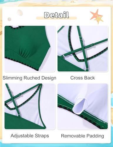 Image of Girls Swimsuit Contrast Trim Cross Back Swimwear Girls Bathing Suit with Padding 7-16Y
