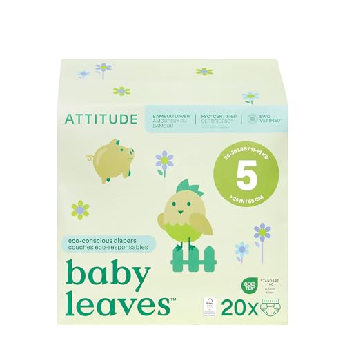 ATTITUDE Eco-Conscious Disposable Diapers, EWG Verified, Size 5 (26-35 lbs), Ultra Absorbent for Baby, Vegan & Plant-Based, 20 Count