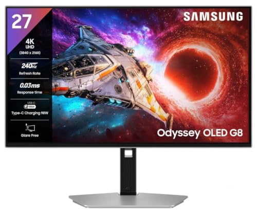 Image of Samsung Odyssey OLED G8 Gaming Monitor (27 inch) 4K UHD, 240 Hz, 0.03ms(GTG), G-Sync, FreeSync Premium Pro, DP, HDMI, USB Ports, Height, Tilt, Swivel, Pivot Adjust Stand, (LS27HG800SWXXL, Silver)