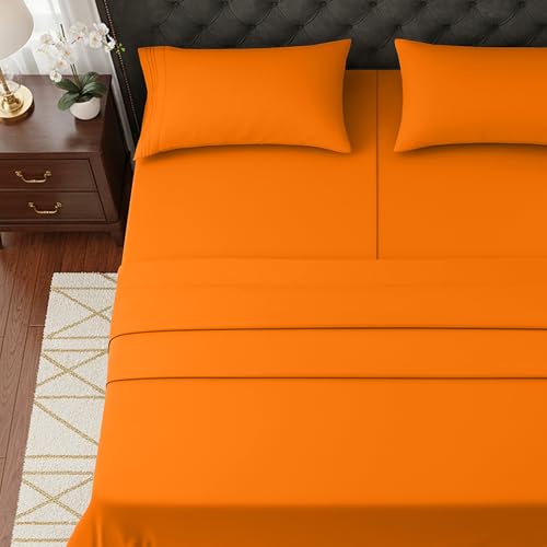 Image of Elegant Comfort Luxurious 1500 Premium Hotel Quality Microfiber Three Line Embroidered Softest 5-Piece Bed Sheet Set, Wrinkle and Fade Resistant, Split King, Orange