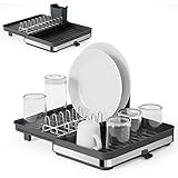 Escurridor De Platos Plegable Con Soporte Para Cubiertos Extraible, Escurreplatos Con Drenado al Fregadero, Diseño Moderno y de Fácil Guardado, Escurre Platos de Cocina-Negro.