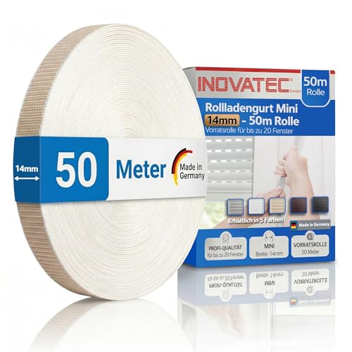 INOVATEC Rollladengurt Mini 14mm – 50m Rolle – Reißfest & UV-beständig mit Perlon-Kantenschutz – für Fenster & Türen – passend für alle...