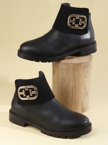 Image of ELLE Women's Chic Dual Texture with Gold-Tone Embellishment Ankle Boots