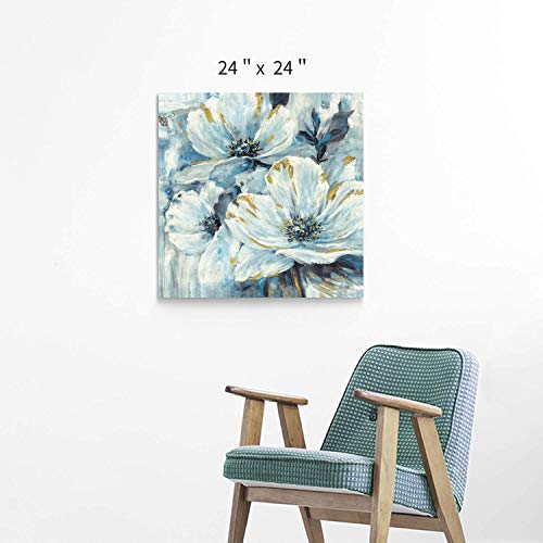 Artistic Path Abstract Floral Wall Art Picture: White & Blue Lily Painting With Blooming Petals Artwork On Canvas For Bedroom (24" W X 24" H,Multi-Sized) #TOP1