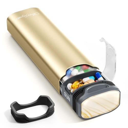 Image of Metal Weekly Pill Organizer, Serfeymi Aluminum Daily Pill Box(Spare Gasket Provided),7 Day Pill Case Travel Medicine Organizer,Pill Containers with Individual Lid for Vitamins,Pills, Supplement-Gold
