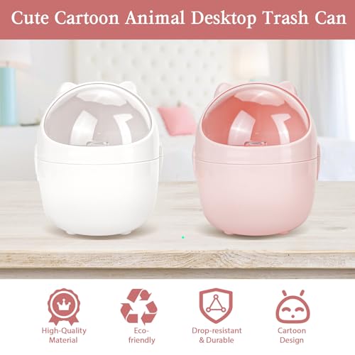 Image of 10Pcs Mini Desktop Trash Can with Lid Set, 2 Cute Small Garbage Cans with 6 Rolls Garbage Bags and 2Pcs Stickers, Countertop Dustbin Storage Bin for Desk Bedroom (White & Pink)