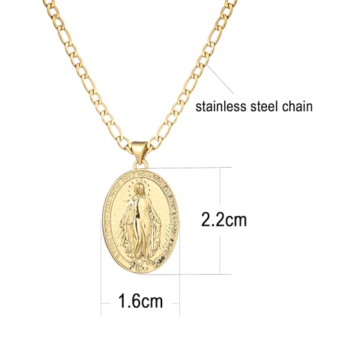 14K Gold Plated Oval Guadalupe Virgin Mary Pendant Necklace for Women Men, 3mm Flat Figaro Stainless Steel Chain Necklaces2