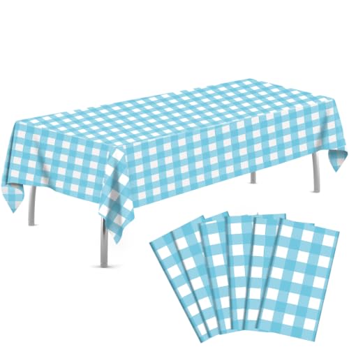 Image of tujol Light Blue and White Checkered 6 Pack Plastic Table Cloth 54 inch x 108 inch