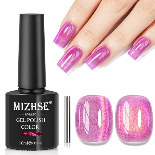 MIZHSE Cat Eye Gel Nail Polish, Pink Magnetic Gel Polish with Magnet Stick, Starry Effect Trendy Salon Shimmer Nail French Soak Off Manicure Home