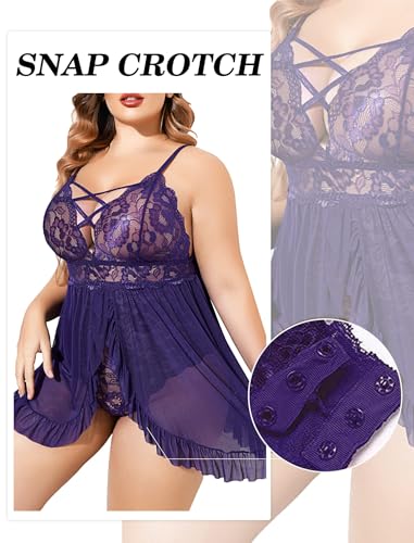 Image of SSoShHub Women's Plus Size Lingerie Beautiful Babydoll Snap Crotch Lace Chemise Ruffles Nightwear Bodysuit with Babydoll