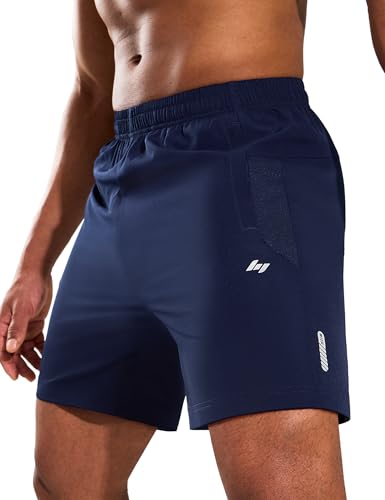 MIER Mens Running Shorts 7 Inch Dry Fit Gym Athletic Sports Shorts with Zipper Pockets, No Liner, Lightweight, Navy L