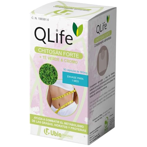 QLife - Chitosán Forte con Té Verde, Fucus y Cromo – Suplemento Natural Quemagrasas, Saciante y Metabolismo Activo para Control de Peso y Reducción de Grasa Corporal – 90 Cápsulas (90 Cápsulas)