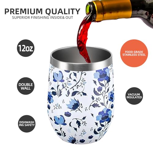 Image of 12 oz Insulated Wine Tumbler with Lid and Straw,Stainless Steel Stemless Wine Tumbler Glasses Double Wall Vacuum Wine Cups Tumbler Bulk for Coffee,Cocktail,Office（Blue and White Porcelain,1）