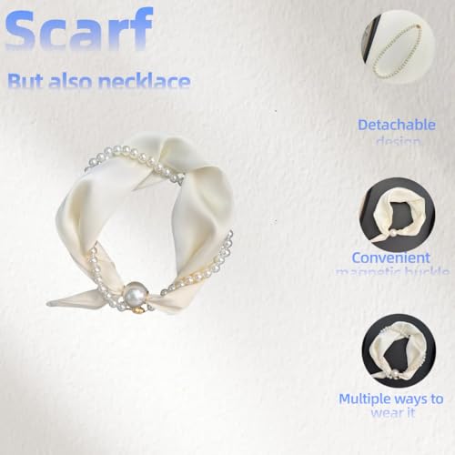 Women’s Silk Scarf Necklace with Charm Buckle Polka Dots Pearl Elegant Collarbone Chain Floral Print3