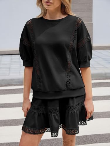 Fisoew 2 Piece Skirt Sets for Women Lace Trim Outfit Short Puff Sleeve Cute Sets Coquette Summer Going Out Outfits — view 6