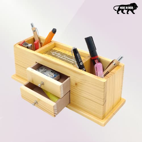 Image of WOOD HOUSE Wooden Double Pen Stand, Visiting Card Holder with Double Drawer for Office Table, School Table, Reception Desk, Wooden Pen Stand for Home Diwali, New Year Festival Gifts