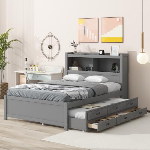 YOPTO Full Size Pine Wood Platform Bed with Trundle,Drawers,2 Ports and 2 USB Plugs,Storage Bed with Pull Out Shelves,No Box Spring Needed,Perfect for Adults,Teens Bedroom Furniture,Gray