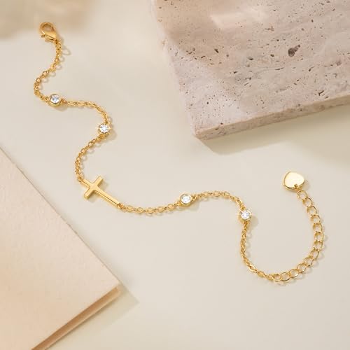 14K Gold Bracelets for Women Gold Cross Bracelet Crosses Bracelet for Womens Unique Chic Horizontal-Shaped Cross with Cubic Zircon Womens Chain Bracelets Adjustable Size (7-8.6) in3