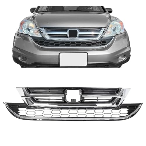 KUAFU Front Bumper Upper & Lower Grille Grill Compatible with 2010-2011 Honda CRV CR-V Replacement for 71123-SWN-H11 71121-SWN-H11 Hood Mesh Radiator Grille Grill Chrome Painted Silvery+Black