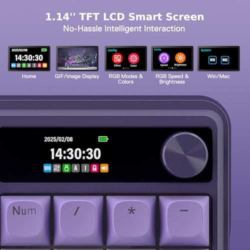 Image of Redragon K762 Wireless Gasket Gaming Keyboard w /Hype Screen & Knob, 104 Keys Mechanical Keyboard, Easy-Control 1.14'' TFT Info Display, 5-Layer Noise Dampening, Round PBT Keycaps, Mint Mambo Switch