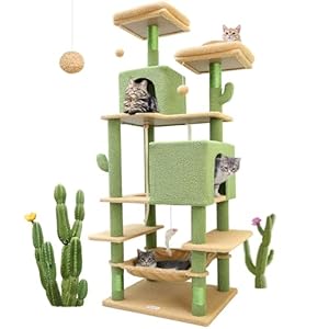 F76 Cactus Cat Tree Tower | 76-Inch Extra Tall Multi-Level Cat Furniture with Cozy Condos,Interactive Toys and Perches for Large Cats | Perfect for Climbing, Scratching, and Play | Green