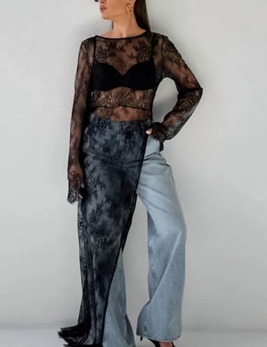Perbai Women's Mesh Long Sleeve Top Sheer Lace Shirt Crew Neck See Through Split Asymmetrical Hem Y2K Shirt Dress4