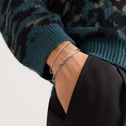 Mens Bracelet - Silver Bracelets for Men 2pcs Men's Bracelets Set with Box & Cuban Link Available in Various Lengths (6.5/7/7.5/8/8.5/9 inch) Sterling Silver Bracelet for Women Charm Bracelet Mens Jewelry Gift3