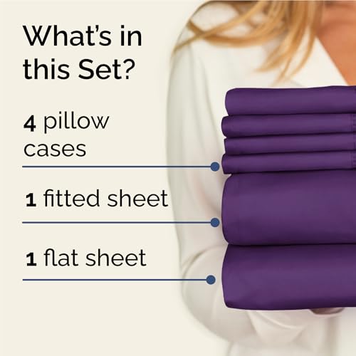 Image of Full 6 Piece Bed Sheet Set - Comfy, Breathable & Cooling Sheets - Purple | Ultra-Soft Hotel Luxury Bedding Set with 8-16 Inch Deep Pockets, 1 Flat & 1 Fitted Sheet & 4 Pillowcases, Wrinkle & Fade Free