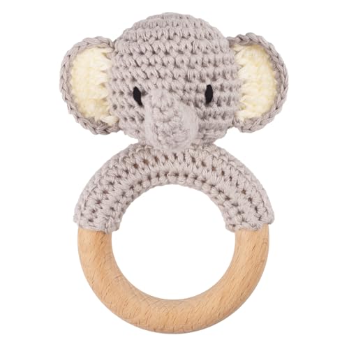 Joliecraft Safari Animals Wooden Baby Rattle Toys Stuffed Crochet Rattle with Teether Ring for Newborn, Gray Elephant