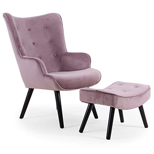 Menzzo Fauteuil Scandinave Rose avec Pouf Repose Pied Salon | Revêtement Velours | Pieds en Bois | Assise Moelleuse et Confortable | Modèle Lylou | L64 x P48 x H100 cm | Hauteur Assise 42 cm