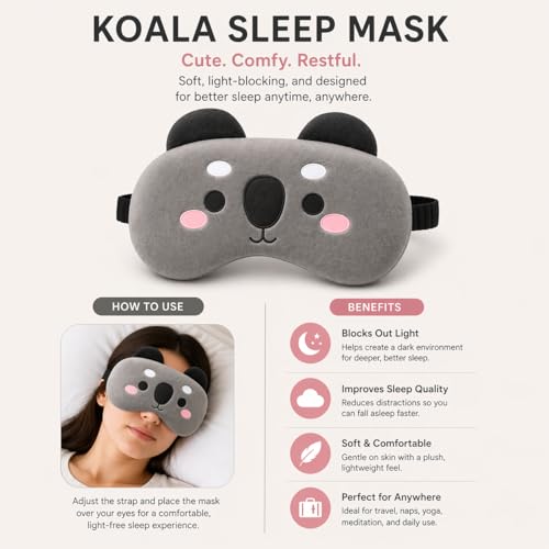 Image of Jenna Koala Sleep Eye Mask for Men & Women | Soft Plush Fabric | Adjustable Strap | Light Blocking Comfortable Eye Cover for Travel (Pack of 1)