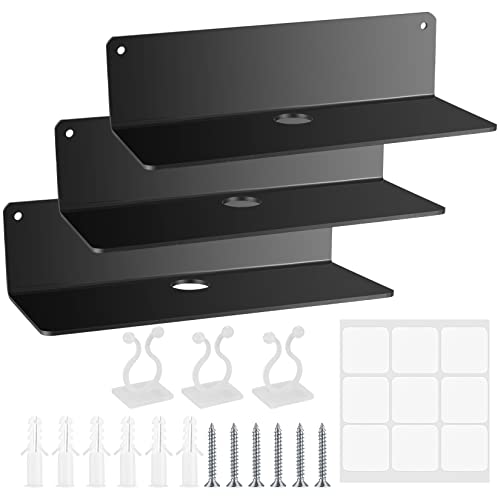 3 Piezas Estantes Flotantes Acrílico, Estante de Pared de Acrílico sin Taladrar, Baldas Flotantes Invisible, para Baño, Sala de Estar, Dormitorio, Cocina, Oficina, con Clips para Cables - negro