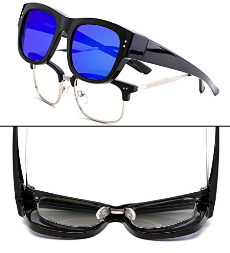 Caxman Oversized Fits Over Sunglasses Mirrored Polarized Lens For Prescription Glasses With Soft Pu Case, Black Frame Blue Mirror Lens, Size 55Mm #TOP3