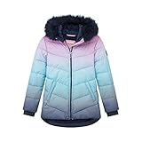 Juicy Couture Girls Puffer Jacket, Ombre Printed Bubble Kids Coat with Fur Hoodie, Turquoise, Small