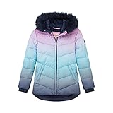 Juicy Couture Girls Puffer Jacket, Ombre Printed Bubble Kids Coat with Fur Hoodie, Turquoise, Medium